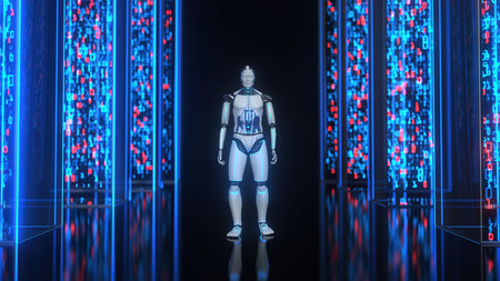 Humanoid robot in the midst of digital data blocks. 3d illustration.の写真素材