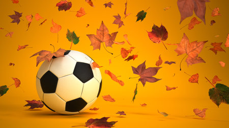 Classic football on the orange background with autumn leaves. 3d illustration.の写真素材