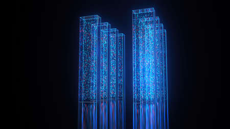 Blue data cubes on the dark background.の写真素材