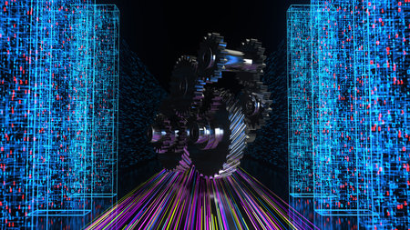 Data towers with gear wheels. 3d illustration.