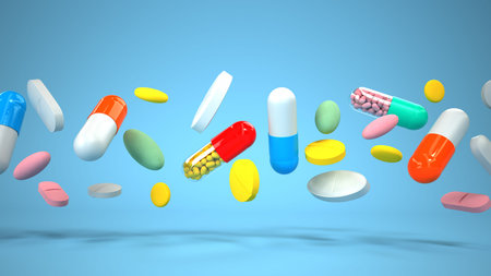 Flying colored pills on a blue background. 3d illustration.