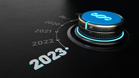 A rotary knob switches to the year 2023 and so the laws change. 3d illustration.