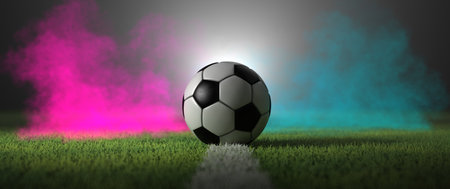 Football on the ground with pink and cyan fog. 3d illustration.の写真素材
