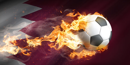 Flying burning football with the Qatar flag in the back. 3d illustration.の写真素材