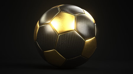 Golden football on a black background. 3d illustration.の写真素材