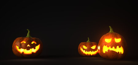 Dark banner with a glowing Halloween pumpkins. 3d illustration.の写真素材