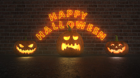 Halloween pumpkin under the falling autumn leaves. 3d illustration.の写真素材