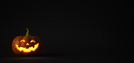 Dark banner with a glowing Halloween pumpkin. 3d illustration.の写真素材