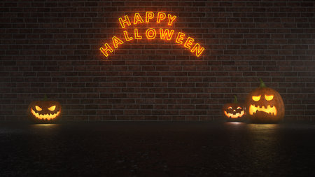 Carved and glowing Halloween pumpkins on a brick wall. 3d illustration.の写真素材