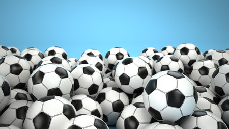 Classic footballs on the blue background. 3d illustration.の写真素材