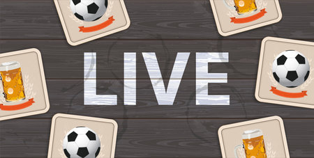 Football beer on the dark wooden table with the text LIVE.  Eps 10 vector file.のイラスト素材