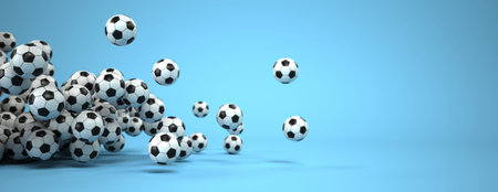 Classic footballs on the blue background. 3d illustration.