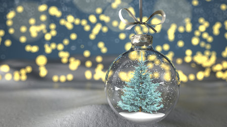 A fir in the Christmas tree globe, in the background bokeh lights.  3d illustration.の写真素材