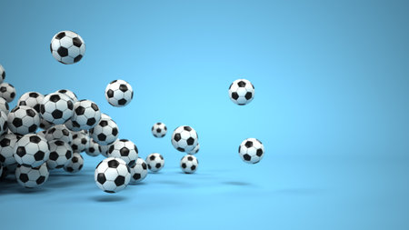Classic footballs on the blue background. 3d illustration.の写真素材