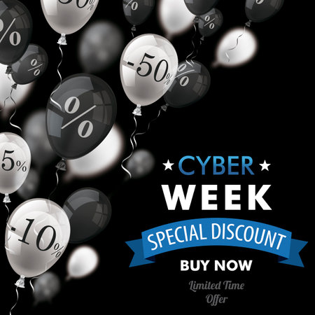 Black and white balloons with percents with cyber week text on the white. Eps 10 vector file.のイラスト素材