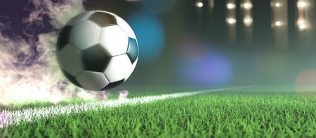 Flying football on the ground. 3d illustration.の写真素材