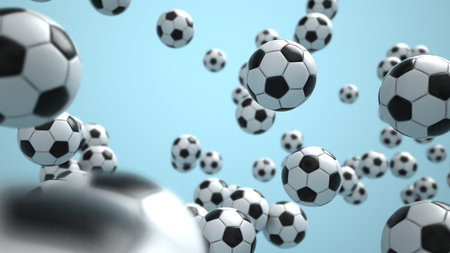 Flying footballs on a blue background. 3d illustration.の写真素材