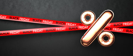 A percent balloon with a red tape vor Black Friday on the black background. 3d illustration.の写真素材