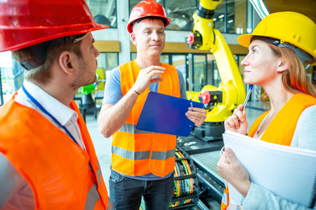 The engineers consult about an industrial robot.の写真素材