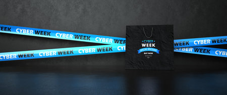 Cyber Week shopping bag with tape on the black background. 3d illustration.の写真素材