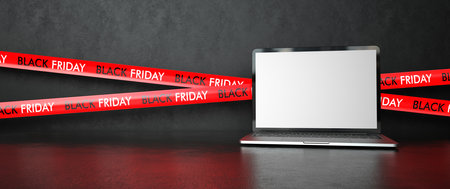 A notebook with empty display for advertisement during Black Friday. 3d illustration.の写真素材