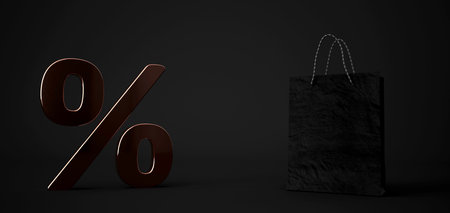 Black shopping bag with a percent on the black background. 3d illustration.の写真素材