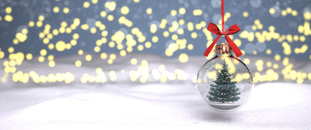 A fir in the Christmas tree globe, in the background bokeh lights.  3d illustration.の写真素材