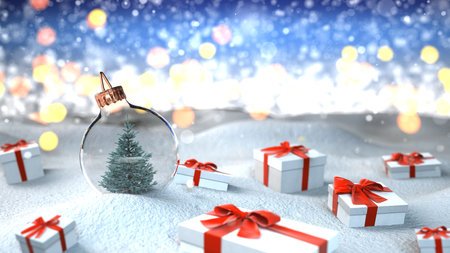 A fir in the Christmas tree globe with a gift boxes in the snow.  3d illustration.の写真素材