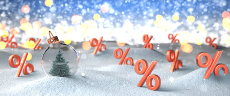 A fir in the Christmas tree globe with red percents in the snow.  3d illustration.の写真素材