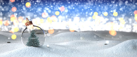 A fir in the Christmas tree globe, in the background bokeh lights.  3d illustration.の写真素材