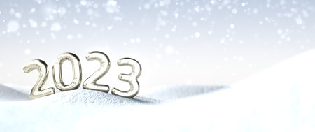 A platin balloon numbers 2023 in the snow. 3d illustration.の写真素材