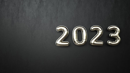 Platin colored balloons 2023 on the black wall. 3d illustration.の写真素材