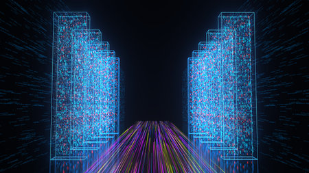 Blue data cubes on the dark background. 3d illustration.の写真素材