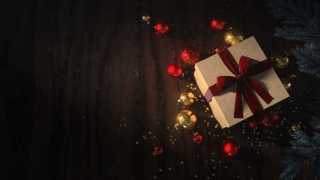 A Christmas banner, with gifts, baubles and Christmas tree. 3d illustration.の写真素材
