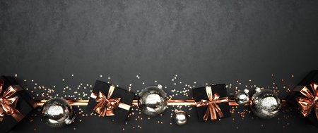 Noble gift boxes with Christmas tree baubles on the dark background. 3d illustration.の写真素材