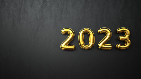 Golden colored balloons 2023 on the black wall. 3d illustration.の写真素材