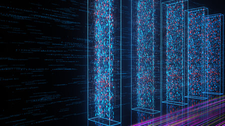 Blue data cubes on the dark background. 3d illustration.の写真素材
