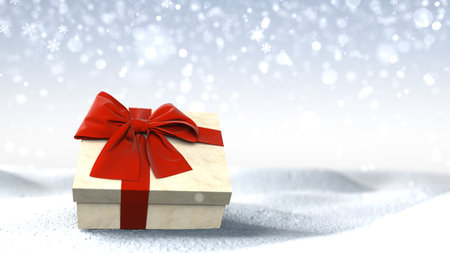 A gift box in the snow. 3d illustration.の写真素材