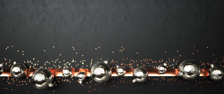 A Christmas banner, with baubles and fir twigs. 3d illustration.の写真素材