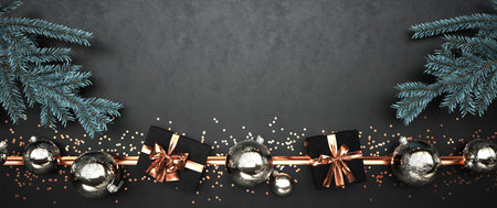 A Christmas banner, with gifts, baubles and fir twigs. 3d illustration.の写真素材