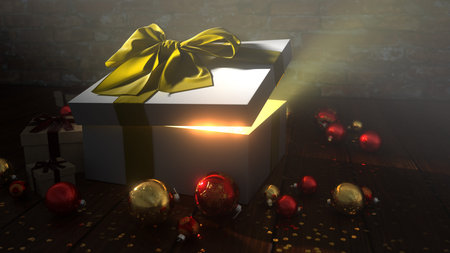 A Christmas banner, with gifts, magic lights and a Christmas tree. 3d illustration.