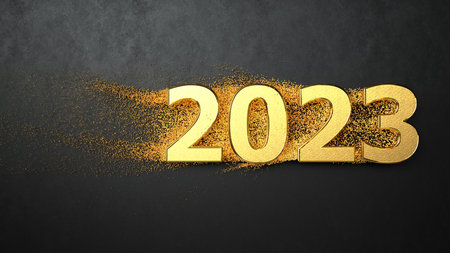 Golden numbers 2023 on the dark background. 3d illustration.の写真素材