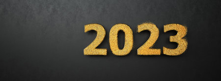 Golden numbers 2023 on the dark background. 3d illustration.