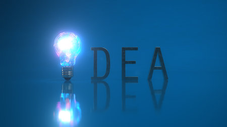 A light bulb with the text idea on the blue background. 3d illustration.の写真素材