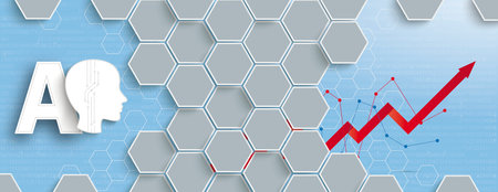 Hexagon structure with human head AI and growth chart on the gray and blue background. Eps 10 vector file.のイラスト素材