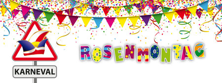 German text Karneval Rosenmontag, translate carnival monday with garlands, confetti on the white. Eps 10 vector file.のイラスト素材