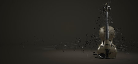 A violin with flying sheet music. 3d illustration.の写真素材