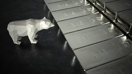 Silver bars on the table with a bear. 3d illustration.の写真素材