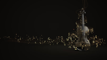A violin with flying sheet music. 3d illustration.の写真素材