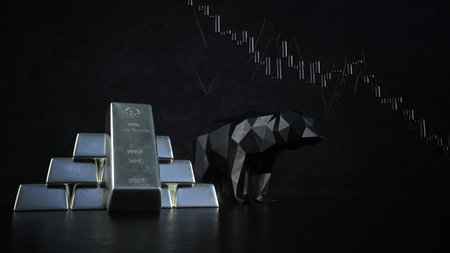 Silver bars on the table with a bear. 3d illustration.の写真素材